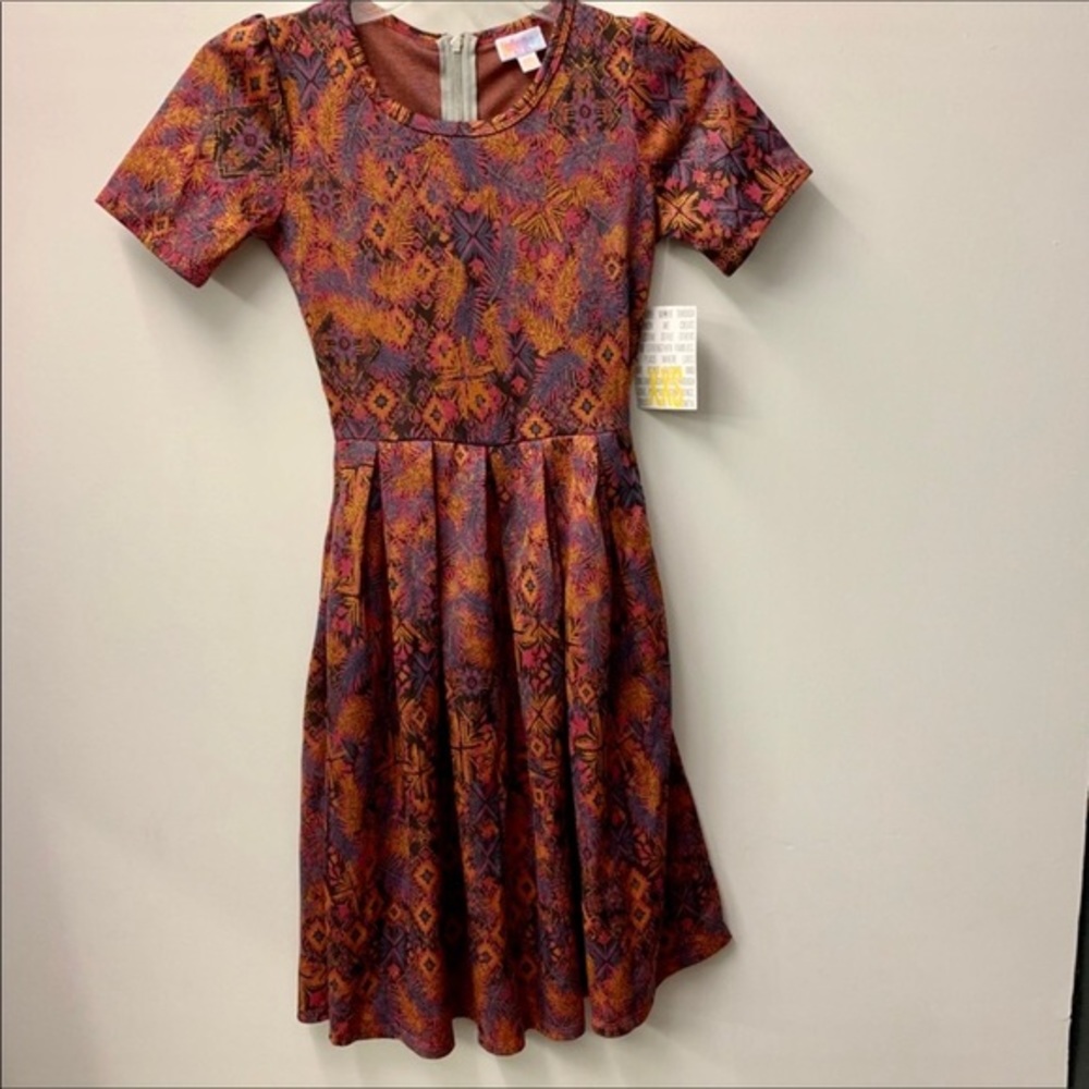 LuLaRoe Amelia Dress Womens XXS Orange Purple Geometric Floral Fit Flare NWT